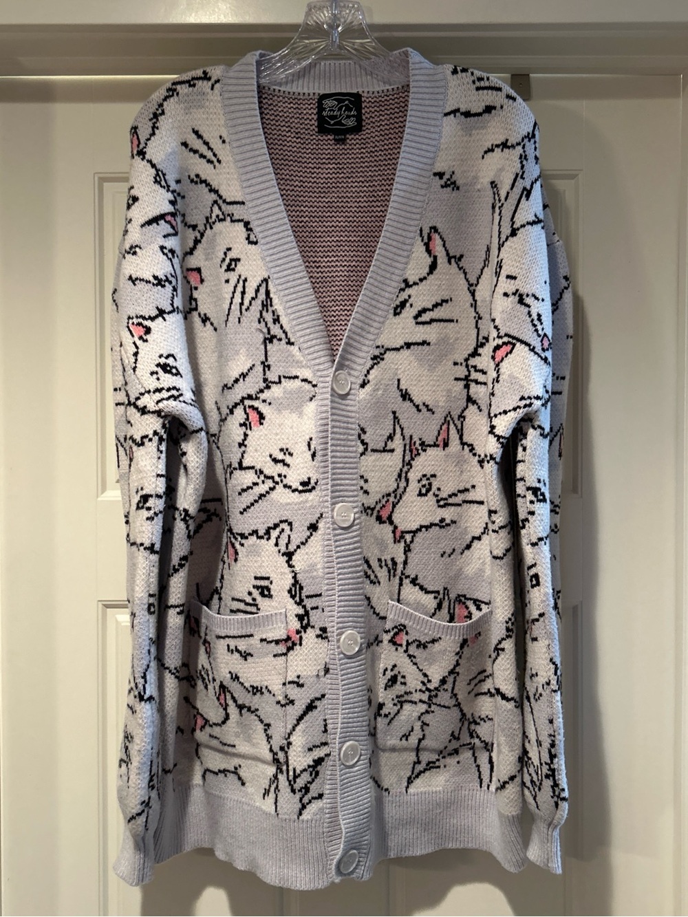 Light Gray Fox Pattern Button-Up Cardigan Sweater